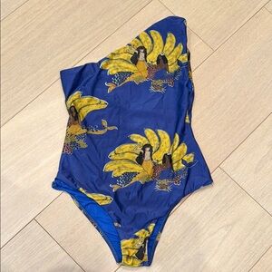 Farm Rio One-Shoulder Swimsuit with Yellow Banana Print on Blue